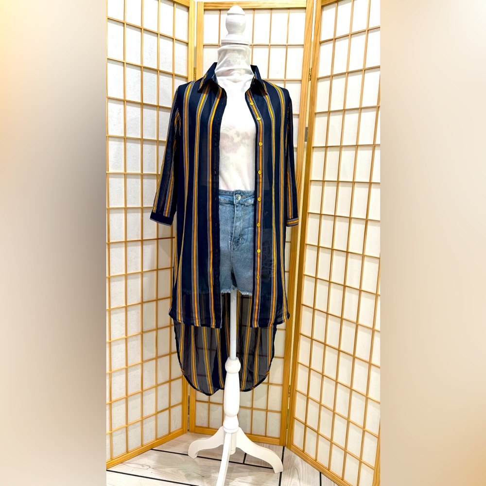 Cute navy blue/white/yellow coverup kimono/ asymmetrical long blouse 👘